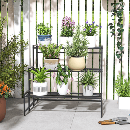 Outsunny Suporte para Plantas de 3 Níveis Estante para Plantas de Canto com Design em Escada para Interior e Exterior 75x70x66 cm Preto Outsunny Suporte para Plantas de 3 Níveis Estante para Plantas de Canto com Design em Escada para Interior e Exterior 75x70x66 cm Preto
