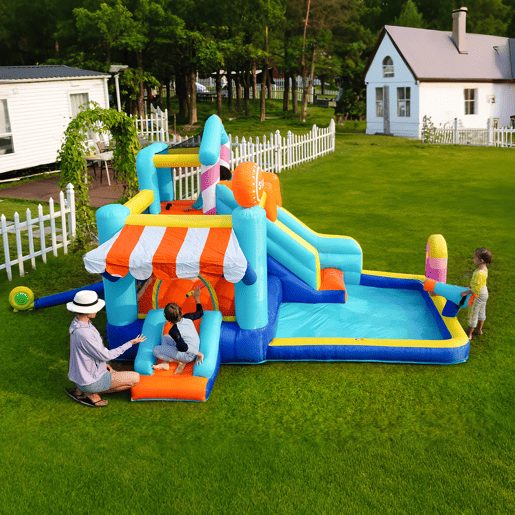 Castelo insuflável para crianças - Parque aquático multifuncional + trampolim, escorregador de água, pequeno escorregador, fonte, pistolas de água, toldo