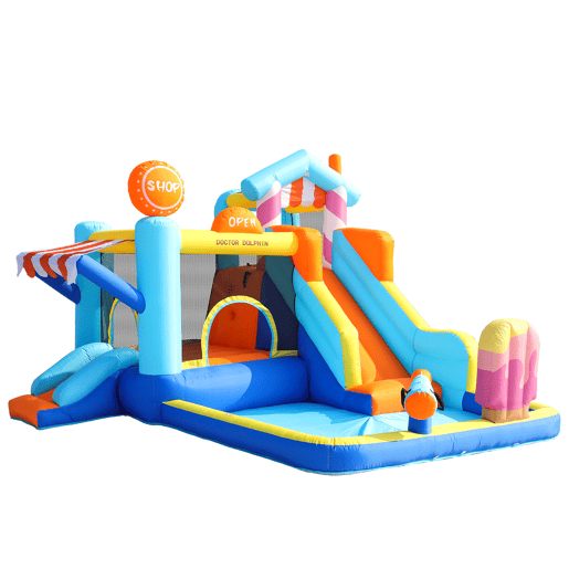 Castelo insuflável para crianças - Parque aquático multifuncional + trampolim, escorregador de água, pequeno escorregador, fonte, pistolas de água, toldo