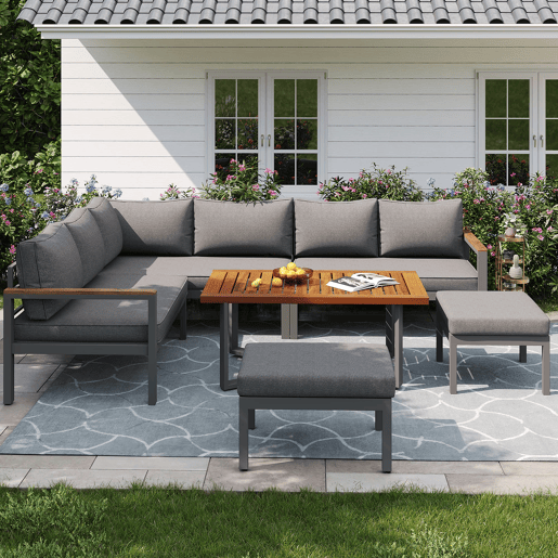 Conjunto de jardim para 7-8 pessoas - Mobiliário de jardim moderno, com estrutura em ferro galvanizado - Cinza escuro