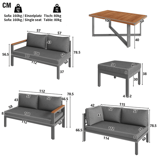 Conjunto de jardim para 7-8 pessoas - Mobiliário de jardim moderno, com estrutura em ferro galvanizado - Cinza escuro