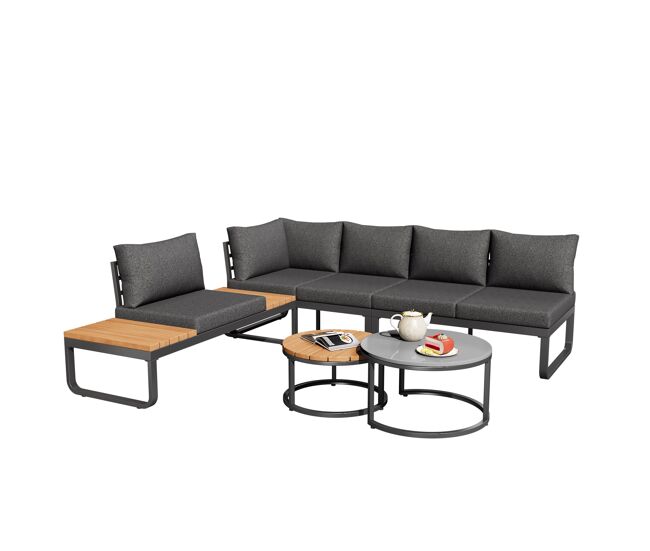 Conjunto de muebles jardín 4-5 plazas - 2 mesas apilables - estructura metálica - gris