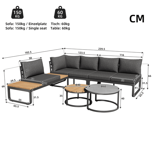 Conjunto de móveis de jardim para 4-5 pessoas - 2 mesas empilháveis - estrutura metálica - cinza