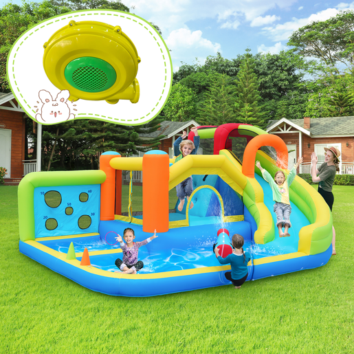 Castelo insuflável com soprador - parque aquático multifuncional + trampolim para crianças, escorregador, parede de lançamento, aro de basquetebol, parede de escalada