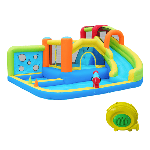 Castelo insuflável com soprador - parque aquático multifuncional + trampolim para crianças, escorregador, parede de lançamento, aro de basquetebol, parede de escalada