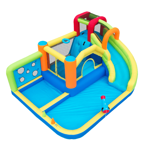 Castelo insuflável com soprador - parque aquático multifuncional + trampolim para crianças, escorregador, parede de lançamento, aro de basquetebol, parede de escalada