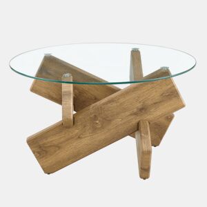 Mesa de centro redonda 79 cm - Estrutura cruzada criativa e moderna - Transparente e madeira