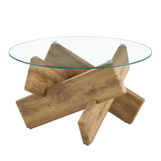 Mesa de centro redonda 79 cm - Estrutura cruzada criativa e moderna - Transparente e madeira