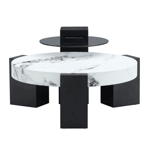 Mesa auxiliar redonda - 2 níveis, vidro cinzento e MDF preto, tampo com efeito mármore - Branco+Preto