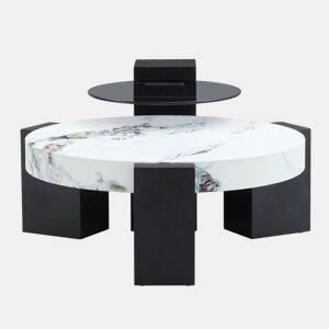 Mesa auxiliar redonda - 2 níveis, vidro cinzento e MDF preto, tampo com efeito mármore - Branco+Preto