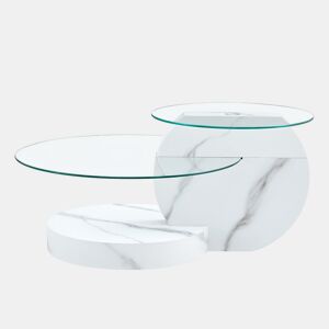 Mesa de centro com 2 níveis - design minimalista, vidro temperado, MDF branco mármore - TransparenteBranco
