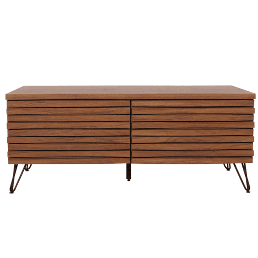 Mesa de centro curva de design com 2 gavetas em madeira de mangueira e metal 46x110x55 cm acabamento em nogueira 04_0008457