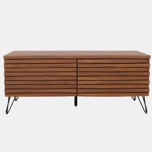 Mesa de centro curva de design com 2 gavetas em madeira de mangueira e metal 46x110x55 cm acabamento em nogueira 04_0008457