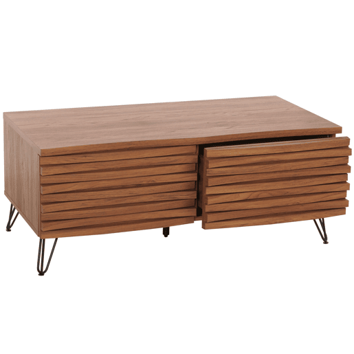 Mesa de centro curva de design com 2 gavetas em madeira de mangueira e metal 46x110x55 cm acabamento em nogueira 04_0008457