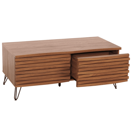 Mesa de centro curva de design com 2 gavetas em madeira de mangueira e metal 46x110x55 cm acabamento em nogueira 04_0008457