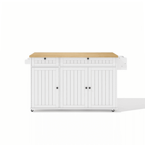 Ilha de cozinha 137x89,5x45 cm - Com 6 rodas bloqueáveis, prateleira, 2 gavetas grandes - Branco+Natural