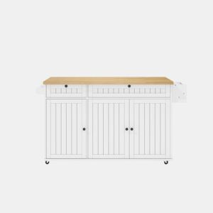 Ilha de cozinha 137x89,5x45 cm - Com 6 rodas bloqueáveis, prateleira, 2 gavetas grandes - Branco+Natural