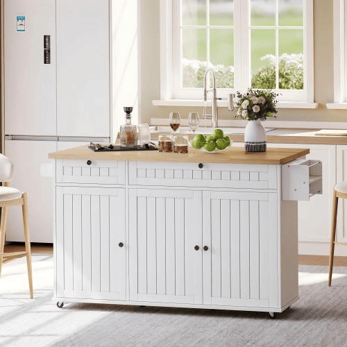 Ilha de cozinha 137x89,5x45 cm - Com 6 rodas bloqueáveis, prateleira, 2 gavetas grandes - Branco+Natural