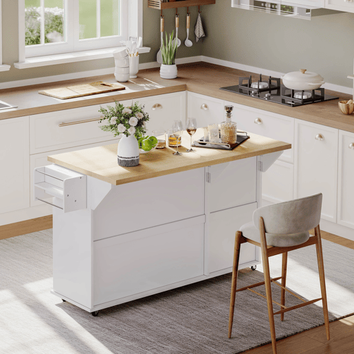 Ilha de cozinha 137x89,5x45 cm - Com 6 rodas bloqueáveis, prateleira, 2 gavetas grandes - Branco+Natural
