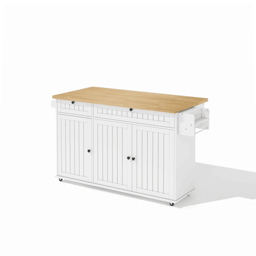 Ilha de cozinha 137x89,5x45 cm - Com 6 rodas bloqueáveis, prateleira, 2 gavetas grandes - Branco+Natural