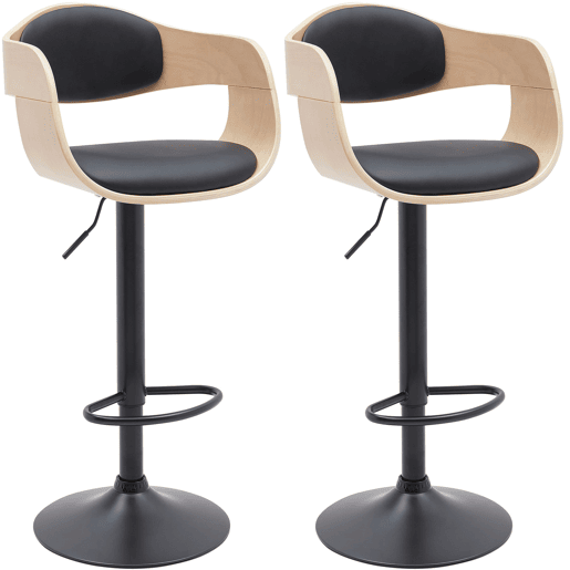 Conjunto de 2 banquetas altas com pés em metal preto em formato de trombeta e assentos em madeira clara e imitação de couro preto TDB10763