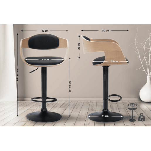 Conjunto de 2 banquetas altas com pés em metal preto em formato de trombeta e assentos em madeira clara e imitação de couro preto TDB10763