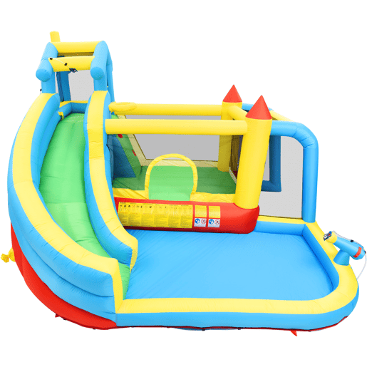 Castelo insuflável para crianças 364x315x239 cm - 5 em 1 com escorrega, área de salto, piscina, rede de futebol - multicolorido