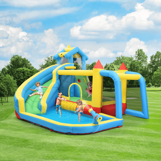 Castelo insuflável para crianças 364x315x239 cm - 5 em 1 com escorrega, área de salto, piscina, rede de futebol - multicolorido