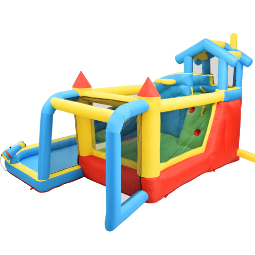 Castelo insuflável para crianças 364x315x239 cm - 5 em 1 com escorrega, área de salto, piscina, rede de futebol - multicolorido