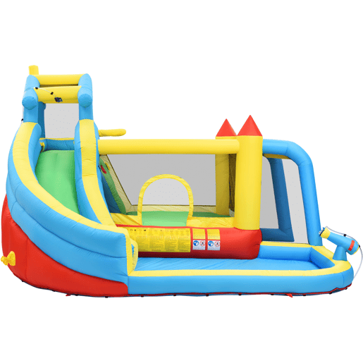 Castelo insuflável para crianças 364x315x239 cm - 5 em 1 com escorrega, área de salto, piscina, rede de futebol - multicolorido