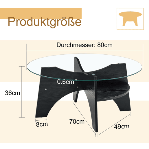 Mesa auxiliar redonda Ø80 cm - design multifuncional, vidro temperado, pernas em MDF preto