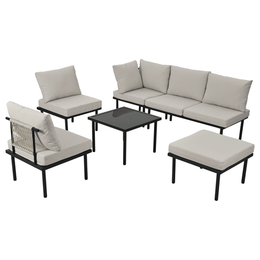 Conjunto de cadeiras de jardim 6 peças - Estrutura em ferro galvanizado, almofadas incluídas, corda trançada bege - Bege