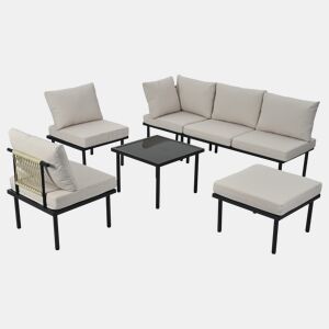 Conjunto de cadeiras de jardim 6 peças - Estrutura em ferro galvanizado, almofadas incluídas, corda trançada bege - Bege