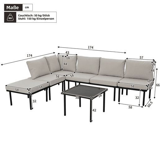 Conjunto de cadeiras de jardim 6 peças - Estrutura em ferro galvanizado, almofadas incluídas, corda trançada bege - Bege