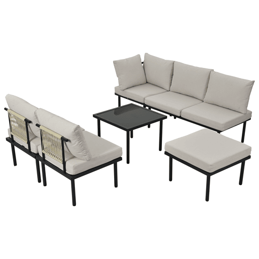 Conjunto de cadeiras de jardim 6 peças - Estrutura em ferro galvanizado, almofadas incluídas, corda trançada bege - Bege