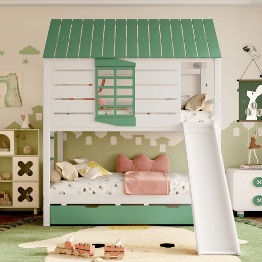 Cama alta 90x200 - com escorregador e cama extra - Branco+Verde