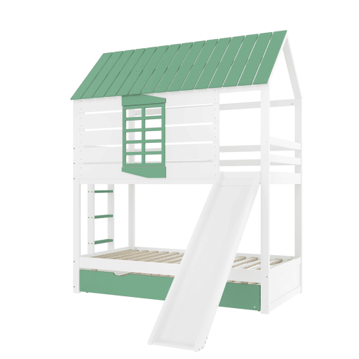 Cama alta 90x200 - com escorregador e cama extra - Branco+Verde