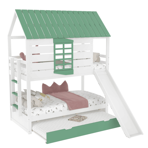 Cama alta 90x200 - com escorregador e cama extra - Branco+Verde