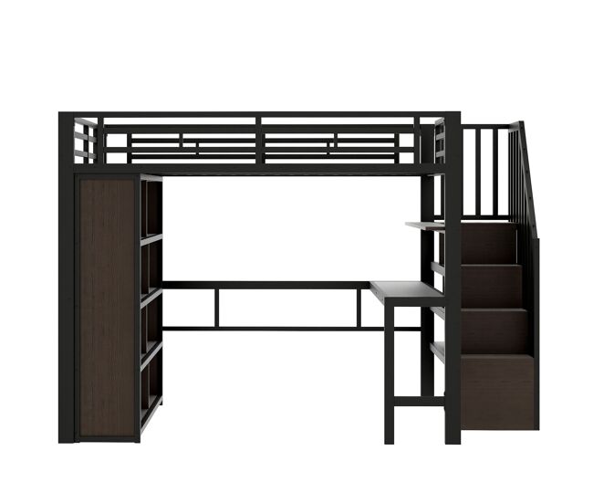 Cama alta 140x200 - estructura de hierro, escritorio, estante, led, escalera con almacenamiento - negro
