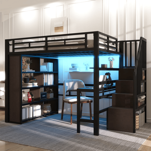 Cama alta 140x200 - Estrutura de ferro, secretária, prateleira, LED, escada com arrumação - Preto