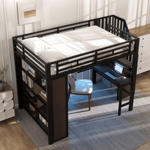 Cama alta 140x200 - Estrutura de ferro, secretária, prateleira, LED, escada com arrumação - Preto