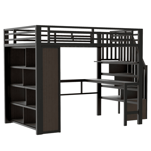 Cama alta 140x200 - Estrutura de ferro, secretária, prateleira, LED, escada com arrumação - Preto