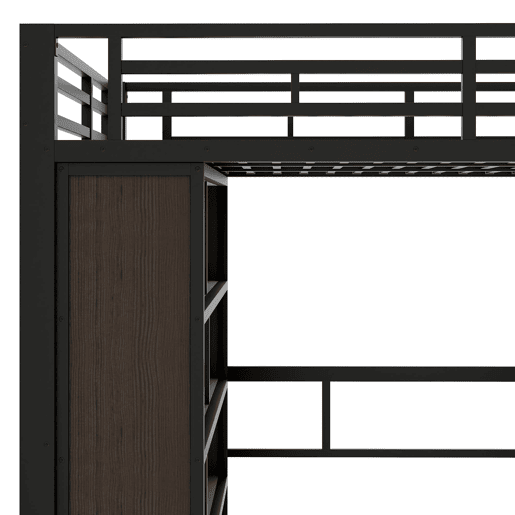 Cama alta 140x200 - Estrutura de ferro, secretária, prateleira, LED, escada com arrumação - Preto