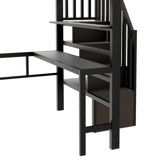Cama alta 140x200 - Estrutura de ferro, secretária, prateleira, LED, escada com arrumação - Preto
