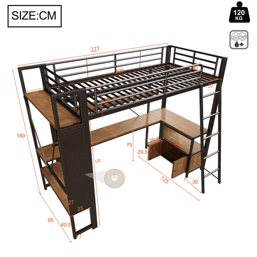 Cama alta 90x200 - Metal, LED, secretária, prateleiras, USB, arrumação - Preto