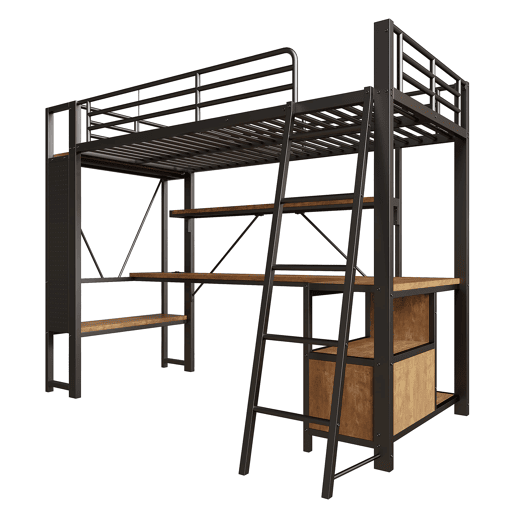 Cama alta 90x200 - Metal, LED, secretária, prateleiras, USB, arrumação - Preto