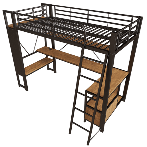 Cama alta 90x200 - Metal, LED, secretária, prateleiras, USB, arrumação - Preto