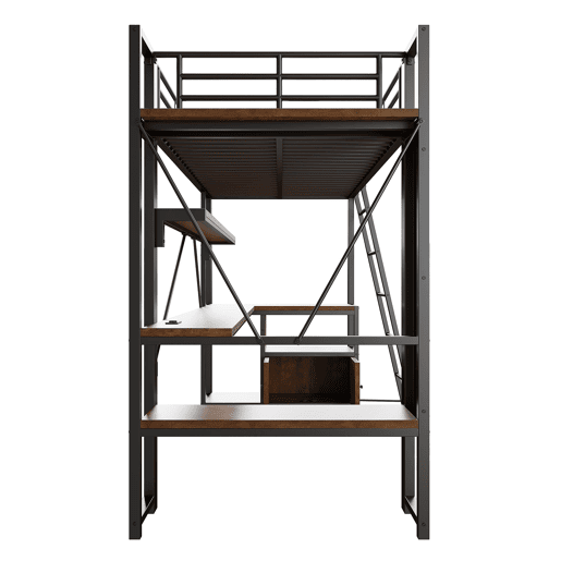 Cama alta 90x200 - Metal, LED, secretária, prateleiras, USB, arrumação - Preto