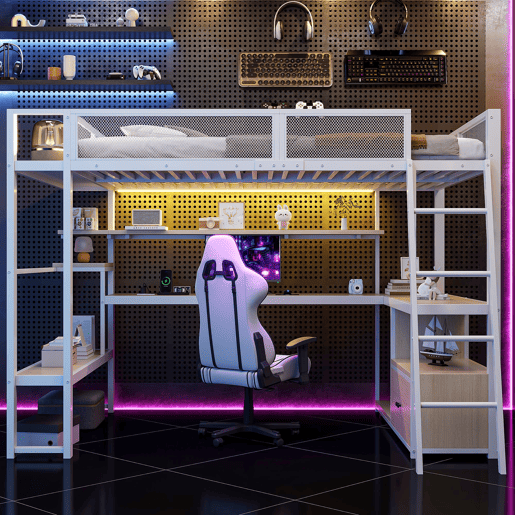 Cama alta metálica para jogos 140x200 - secretária integrada, LED e amplo espaço de armazenamento - Branco