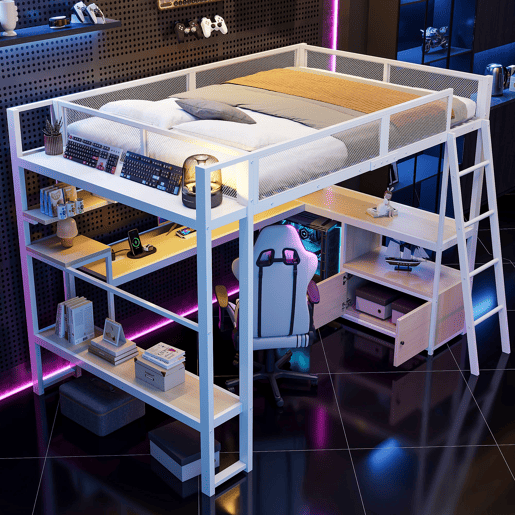 Cama alta metálica para jogos 140x200 - secretária integrada, LED e amplo espaço de armazenamento - Branco